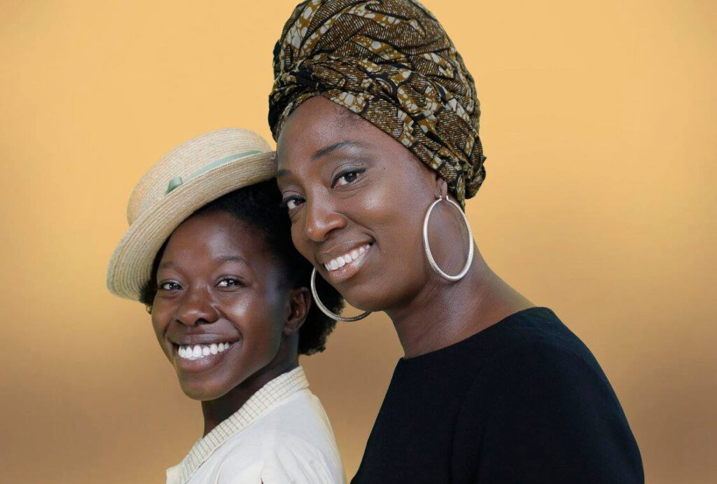 Two actors portraying Dr. Maya Angelou as a child and an adult with a yellow background.