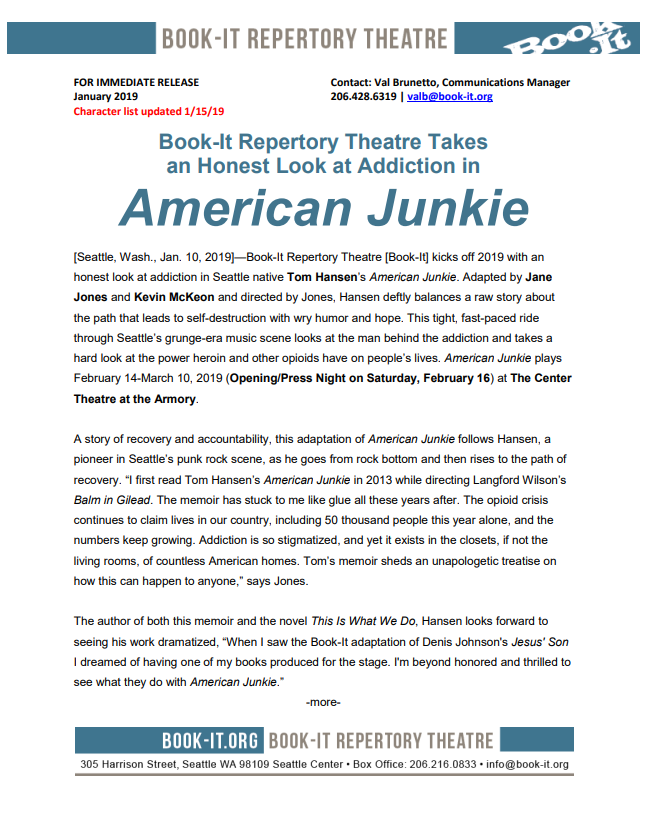 Press release for Book-It Repertory Theatre's production of American Junkie.