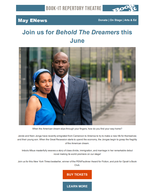 Email for Book-It Repertory Theatre with a large photo of two actors in front a building with large windows.