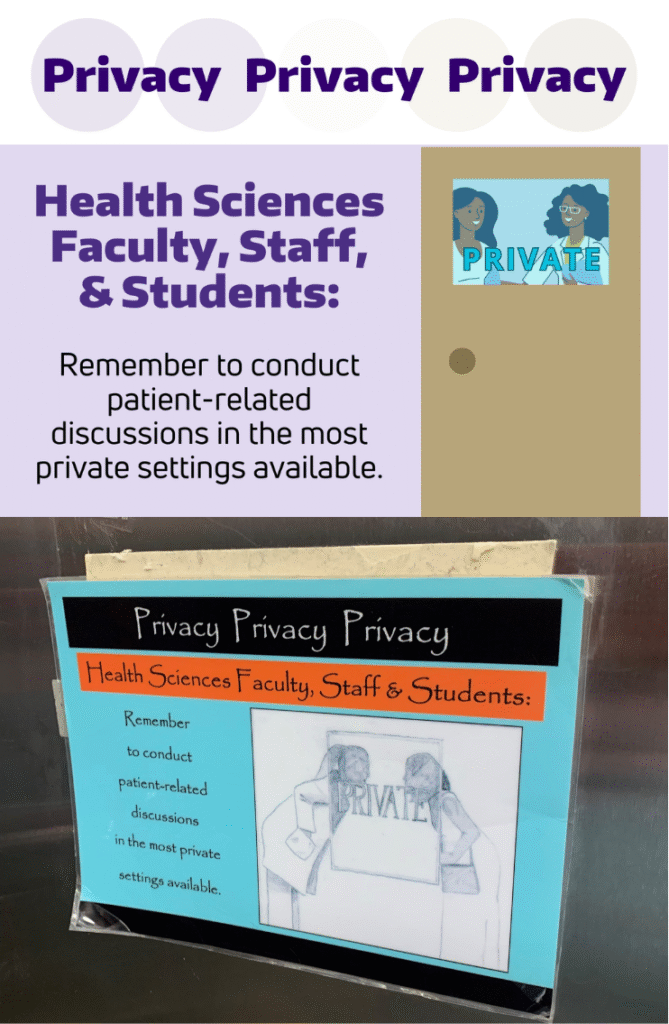 A privacy sign with a illustration of a doctor and patient behind a closed door.