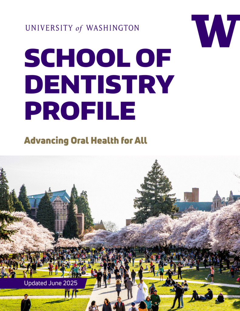 Front page of a profile for University of Washington School of Dentistry with a large purple title and a photo of the cherry blossoms on campus in the spring.