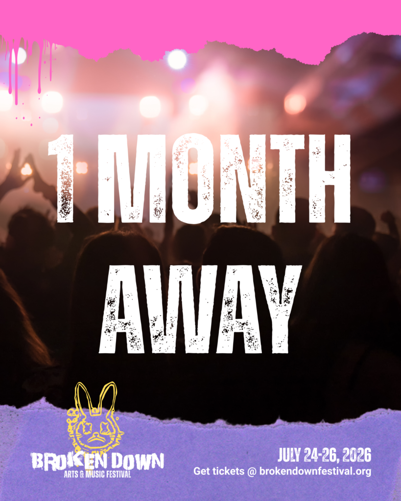 Social media post for a fictional pop punk music festival. It has a dark background with pink and purple neon type.