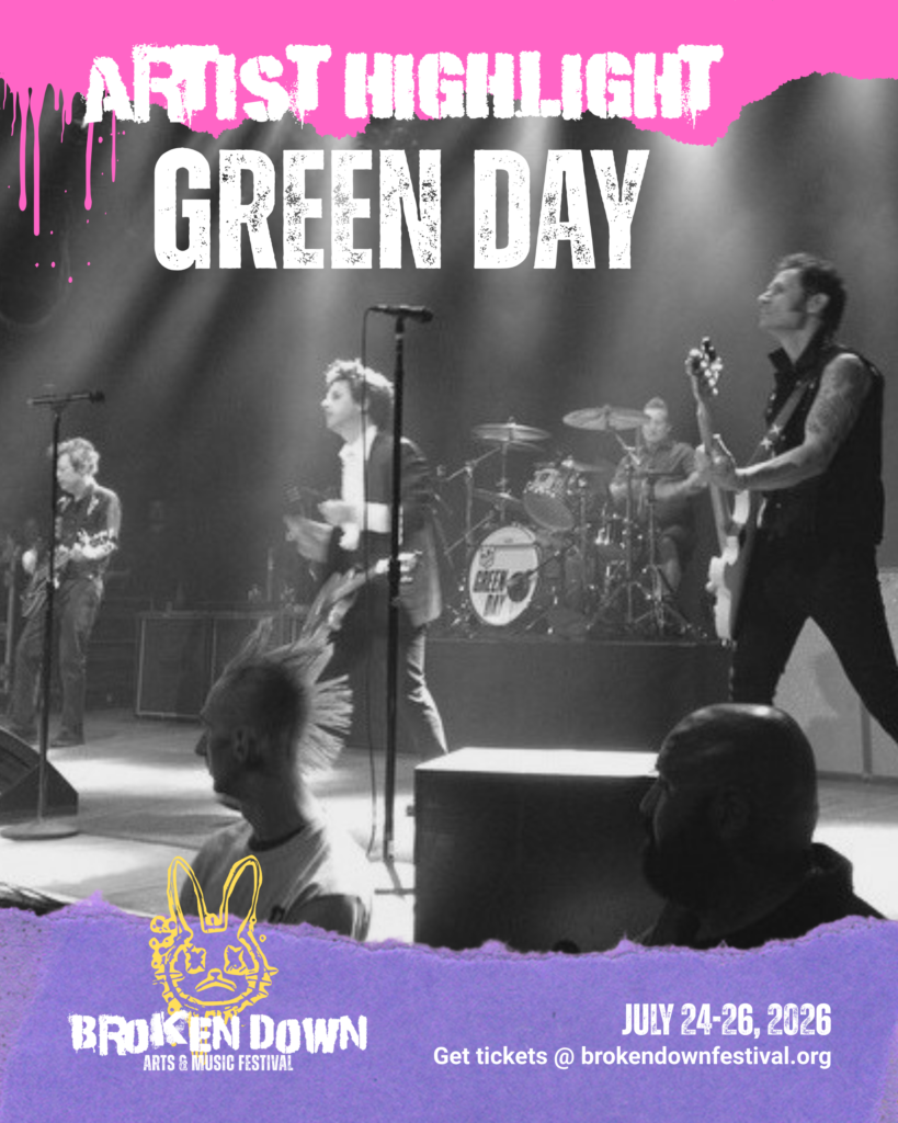 Social media post for a fictional pop punk music festival. It has a dark background with pink and purple neon type.