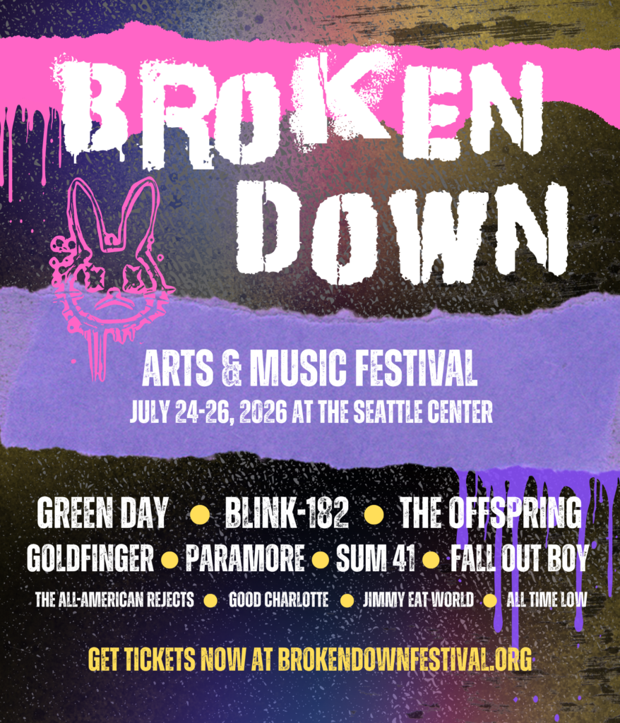 Poster for a fictional pop punk music festival. It has a dark background with pink and purple neon type.