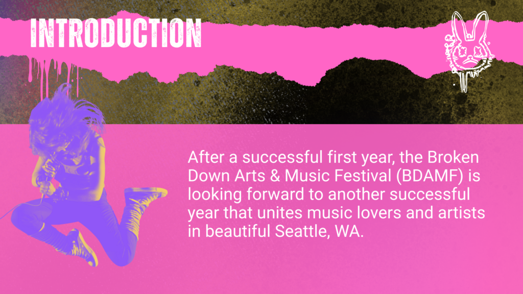 Slide for a fictional pop punk music festival. It has a dark background with pink and purple neon type.