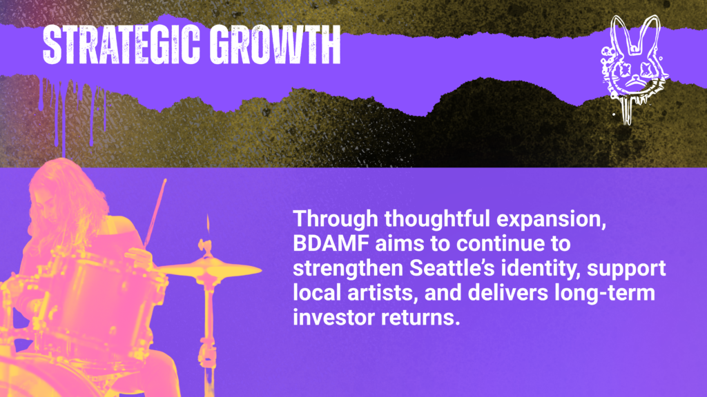 Slide for a fictional pop punk music festival. It has a dark background with pink and purple neon type.